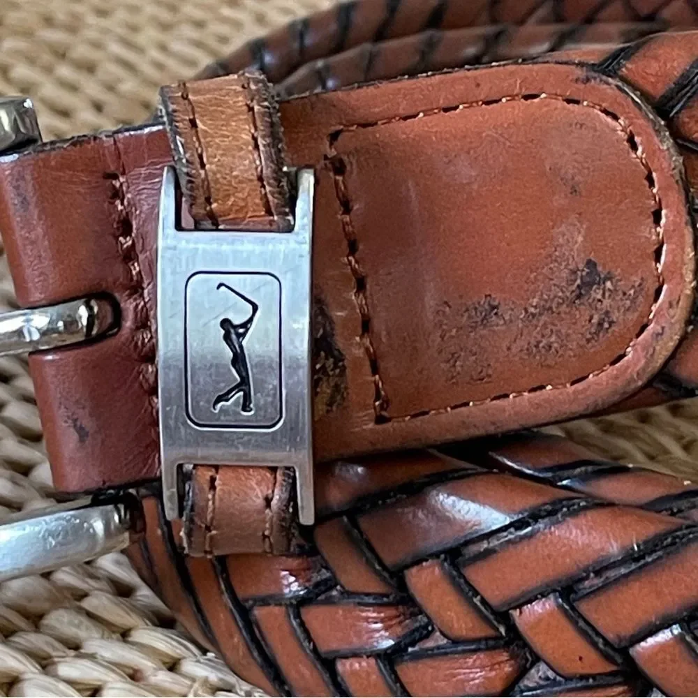 PGA Tour Men's Top Grain Leather Woven Braided Belt Brown Cognac Size 40